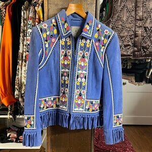 Double D Ranch Blue Leather Jacket with Floral Embroidery